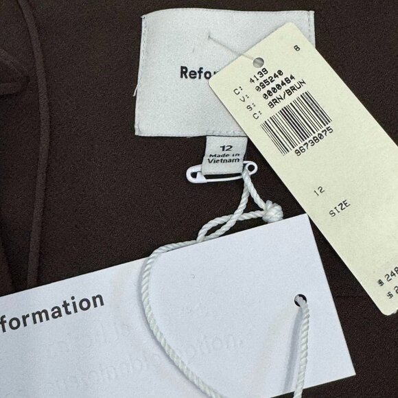 Reformation Suki Slip Midi Dress Pleated Ruffle Hem Sleeveless Brown Lined US 12 - Picture 8 of 11